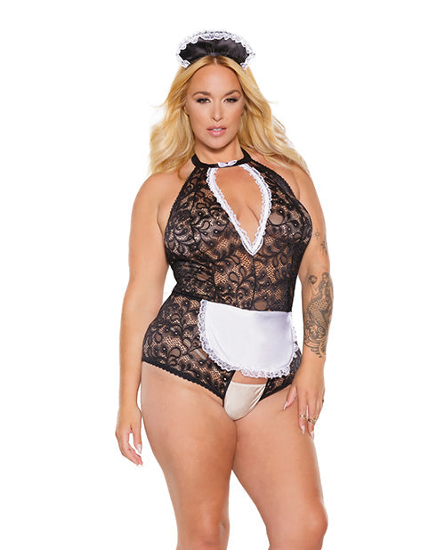 Coquette Scallop Stretch Lace Crotchless Maid Teddy w/Headpiece Black/White OS/XL