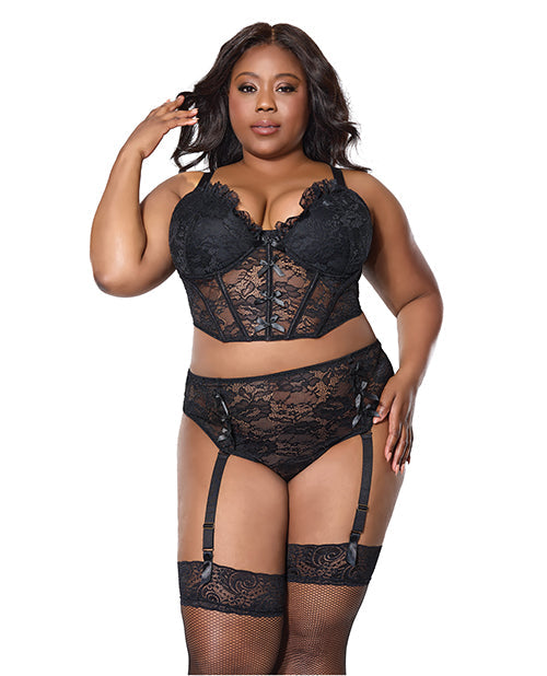 Coquette Lace Bustier w/Padded Cups & Gartered Thong Panty 2 pc Set - Black 3X/4X