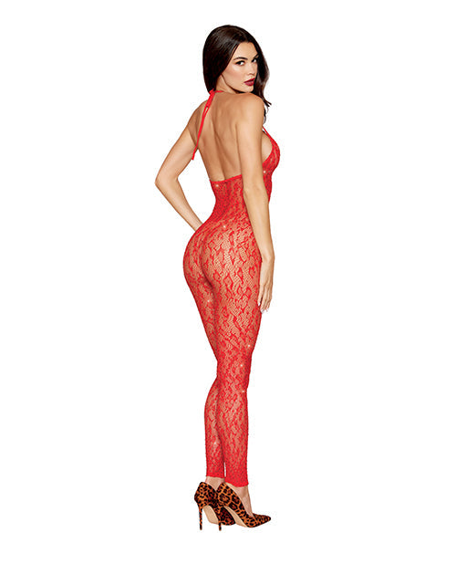 Black Diamond Leopard Pattern Seamless Bodystocking w/Gold Details - Red O/S