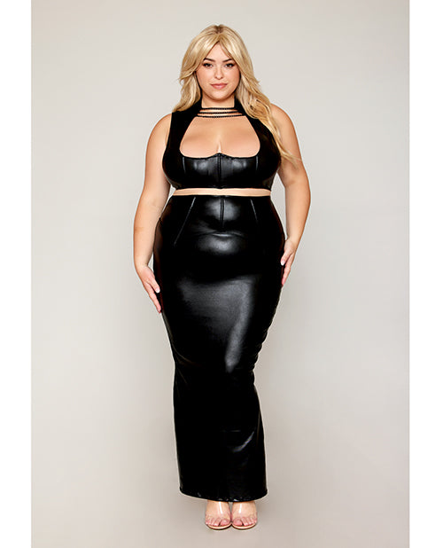 Dreamgirl Stretch Faux Leather Harness Bra & Long Slip Skirt - Black 1X