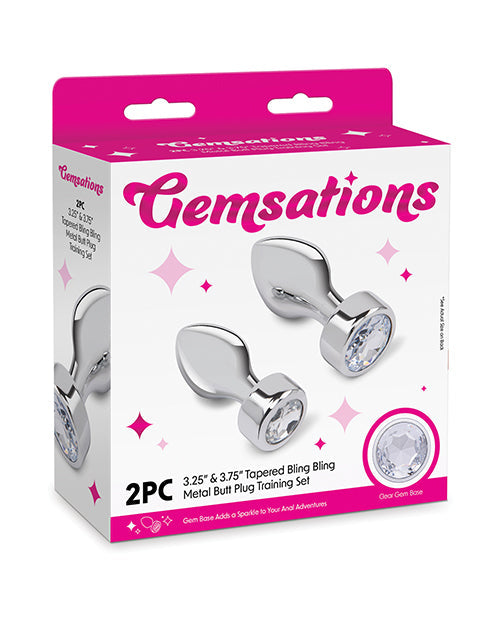 Gemsations Gemsations 2 pc 3.25" & 3.7" Tapered Bling Bling Metal Butt Plug Training Set - Silver