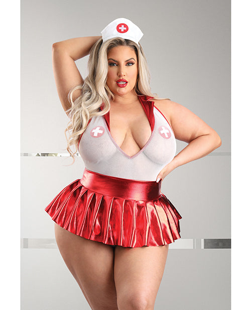 Play by Fantasy Lingerie Play Pulse Check Collared Teddy w/Open Back, Pleated Skirt, Medic Hat & Pasties Red/White 3X/4X
