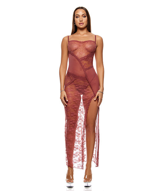 Forplay Patch of Petals Sheer Mesh and Lace Gown w/Thong 2 pc Set - Mauve XL