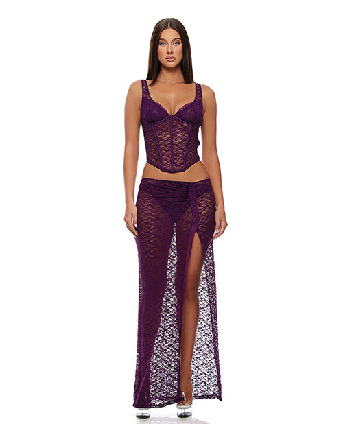 Forplay Feel Me Lace Bustier, Panty, & Skirt 3 pc set - Purple XL