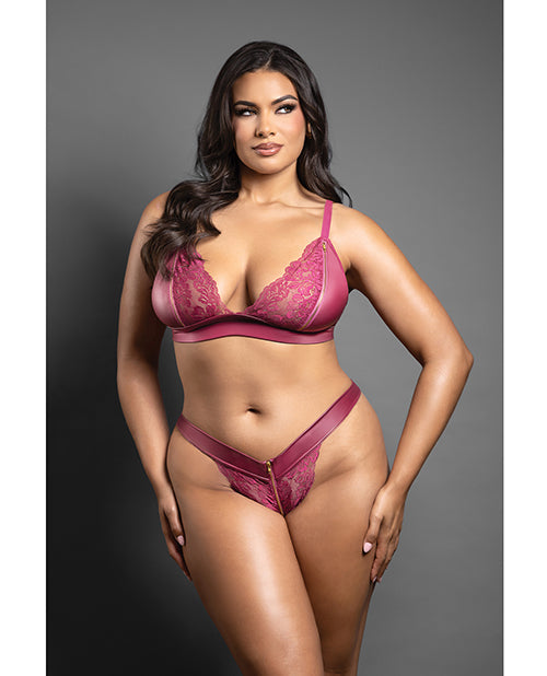 Domina by Fantasy Domina Lace Bralette & Panty in Leatherette w/Zipper Detail - Berry QN