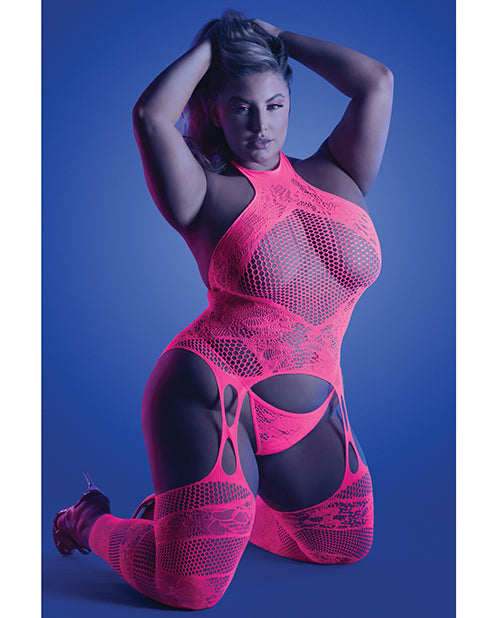 Glow by Fantasy Lingerie Glow Captivating Halter Bodystocking & G-String Neon Pink QN