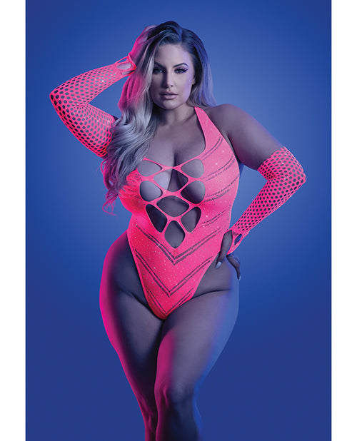 Glow by Fantasy Lingerie Glow Flashback Black Light Reactive Rhinestone Teddy w/Gloves (or Leg Warmers) - Neon Pink QN