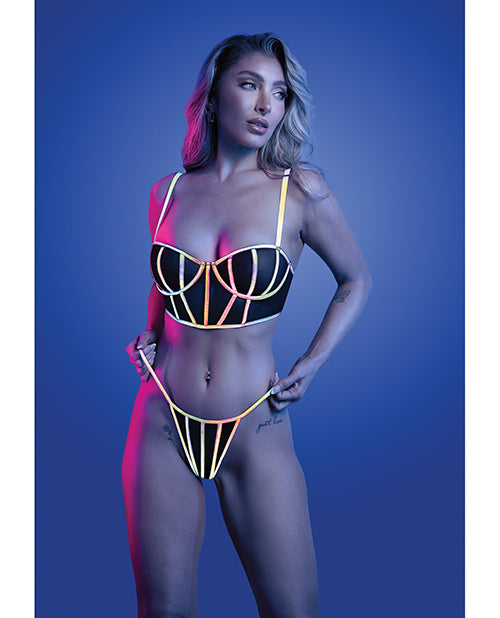 Glow by Fantasy Lingerie Solar Flare Flash Reflective Binding Underwire Bra & Thong - Black M/L