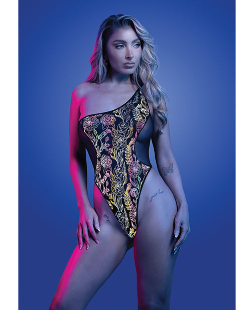 Glow by Fantasy Lingerie Luminescent Flash Reflective Floral Print Teddy - Black L/XL