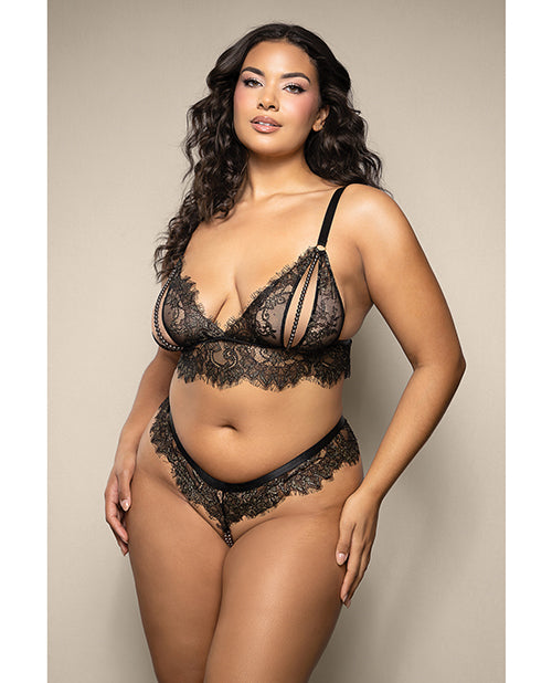 Opulence by Fantasy Opulence Metallic Eyelash Lace Bralette w/Pearl String Crotch Panty - Black QN