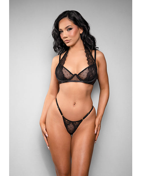 Temptress by Fantasy Temptress Vivienne Swiss Dot Mesh and Lace Bra w/Panty 2 pc Set - Black L/XL