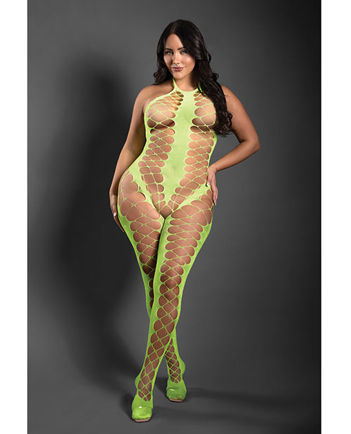 Sheer by Fantasy Sheer Unstoppable Crotchless Rhinestone Halter Bodystocking - Neon Green QN