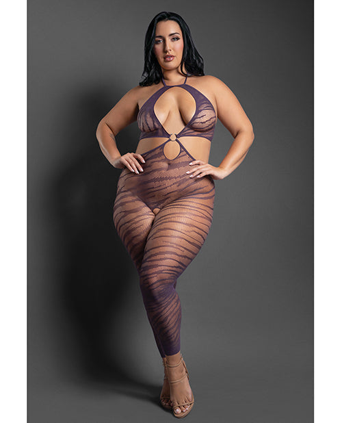 Fantasy Lingerie Sheer Set Me Free Mesh Body Stocking w/Zebra Pattern & Open Crotch - Purple QN