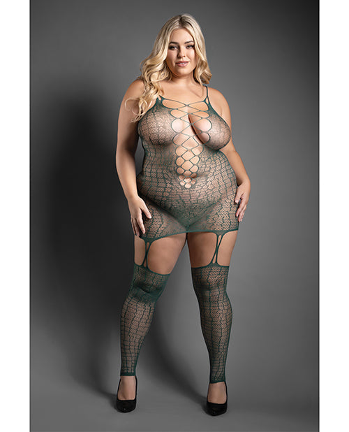 Sheer by Fantasy Sheer Wild Heart Reptile Print Bodystocking Dress w/Attached Stockings - Green QN