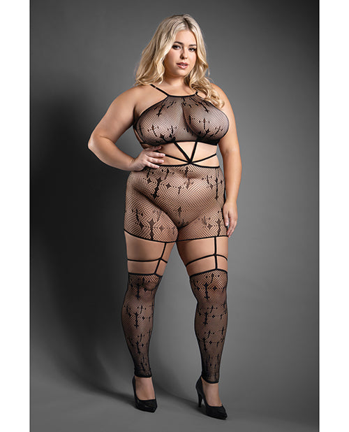Sheer by Fantasy Sheer Unholy Gartered Bodystocking Dress w/Attached Stockings - Black QN