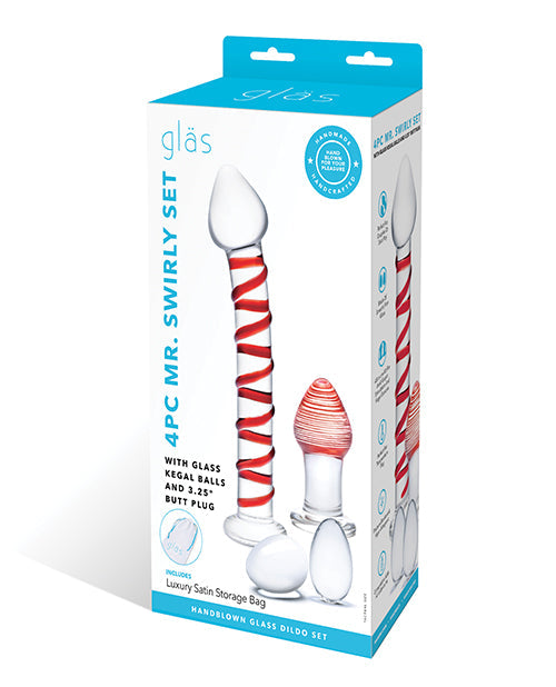 Glas Glas 4 pc Mr. Swirly Set w/Glass Kegel Balls & 3.25" Butt Plug - Red