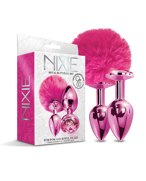 Nixie Nixie Metal Butt Plug Set w/Jewel Inlaid & Pom Pom - Pink Metallic