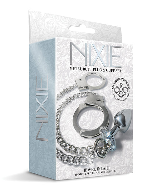 Nixie Nixie Metal Butt Plug w/Inlaid Jewel & Fur Cuff Set - Silver Metallic