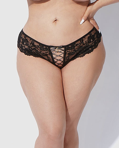 House of Desire Bella Lace Up Tanga Panty w/Jewel Detail - Black 1X/2X