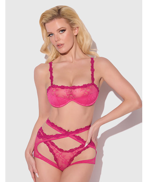 House of Desire Yvone Lace Bra w/Removable Straps, Garter & Tanga Panty 3 pc Set - Pink LG