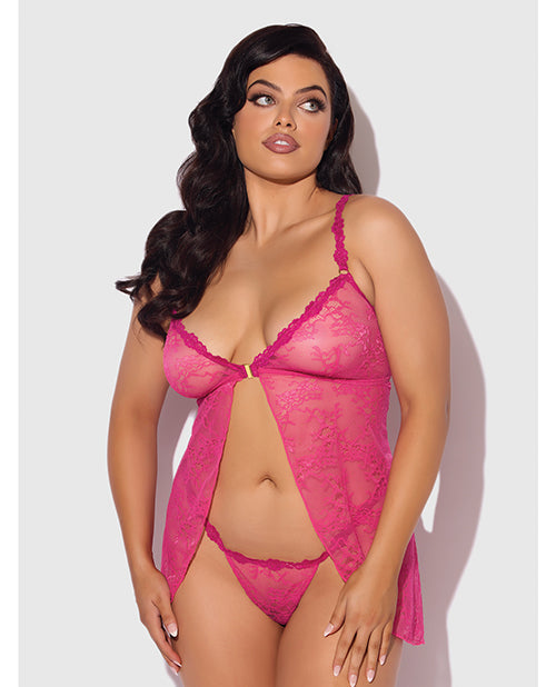 House of Desire Yvone Lace Babydoll w/Front Closure & G-String 2 pc Set - Pink 1X/2X