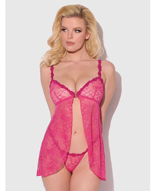 House of Desire Yvone Lace Babydoll w/Front Closure & G-String 2 pc Set - Pink SM