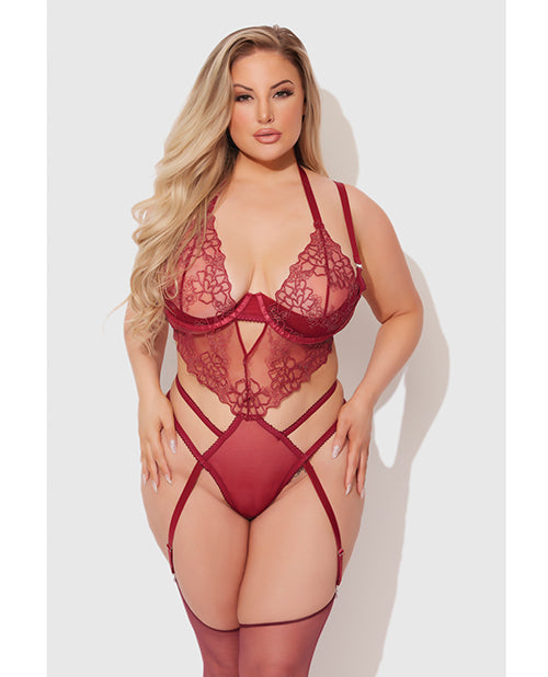 House of Desire Eden Embroidered Lace & Mesh Teddy w/Garters - Dark Red 3X/4X