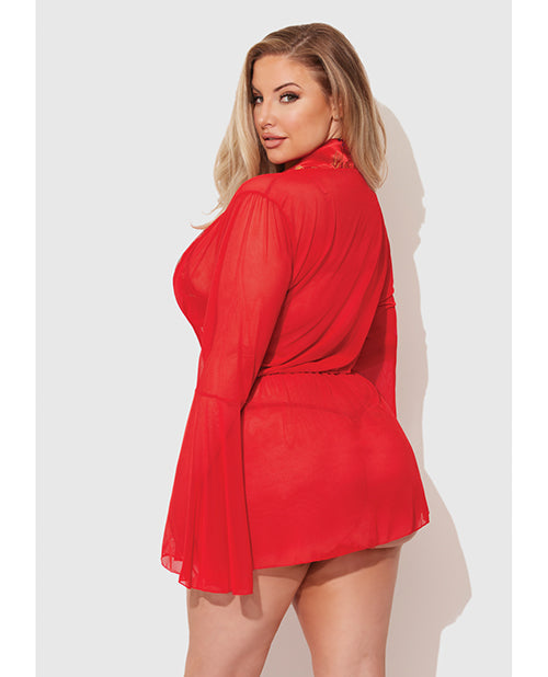 House of Desire Dragon Sheer Mesh Robe w/Satin Triangle Top & G-String 3 pc Set - Red 3X/4X