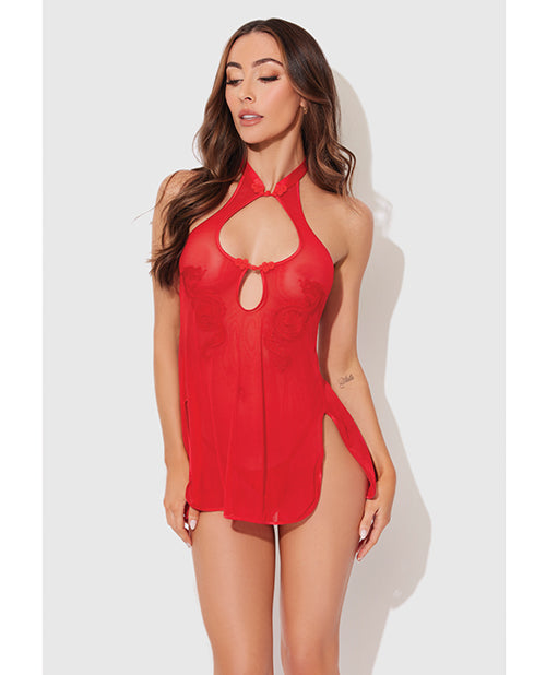 House of Desire Dragon Mesh & Applique Chemise w/G-String 2 pc Set - Red MD