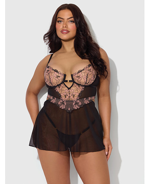 House of Desire Nova Lace & Mesh Babydoll w/G-String 2 pc Set - Black 3X/4X