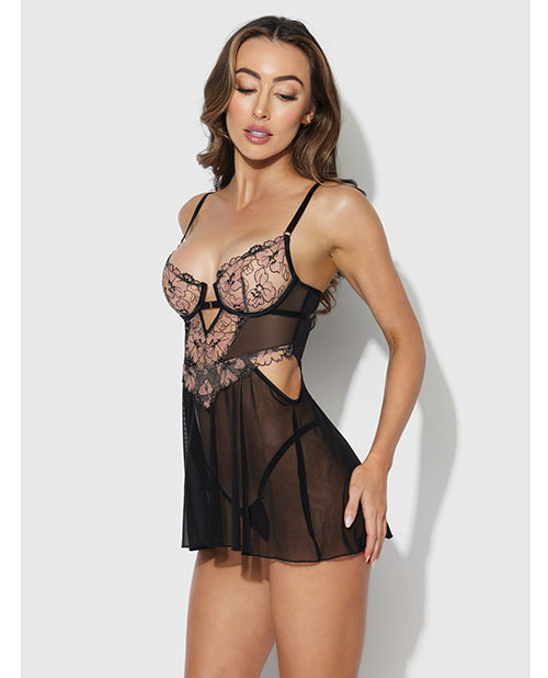 House of Desire Nova Lace & Mesh Babydoll w/G-String 2 pc Set - Black SM