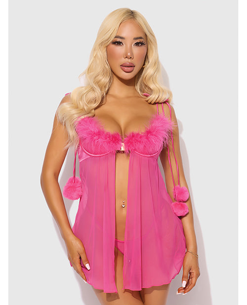 House of Desire Marilyn Marabou & Mesh Babydoll & G-String Set - Pink 3X/4X