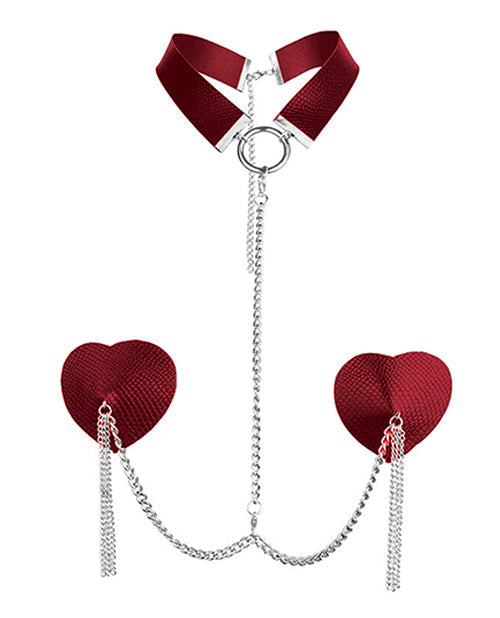 Nipplicious Nipplicious Dominatrix Leather Collar & Pasties w/Chain - Red