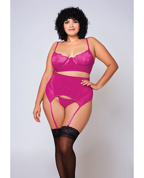 iCollection Lingerie Soft Lace Bra, High Waist Satin & Mesh Garterbelt & G-String Fuchsia 1X