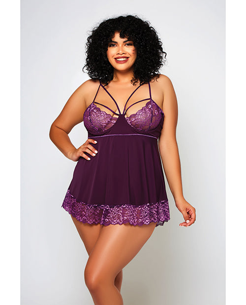 iCollection Lingerie Cross Dye Lace & Microfiber Babydoll & G-String Purple 2X