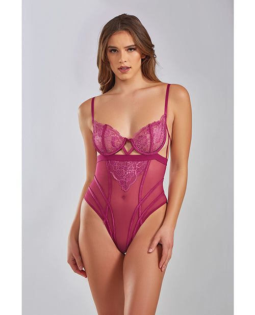 iCollection Lingerie Quinn Cross Dyed Galloon Lace & Mesh Teddy Wine XL