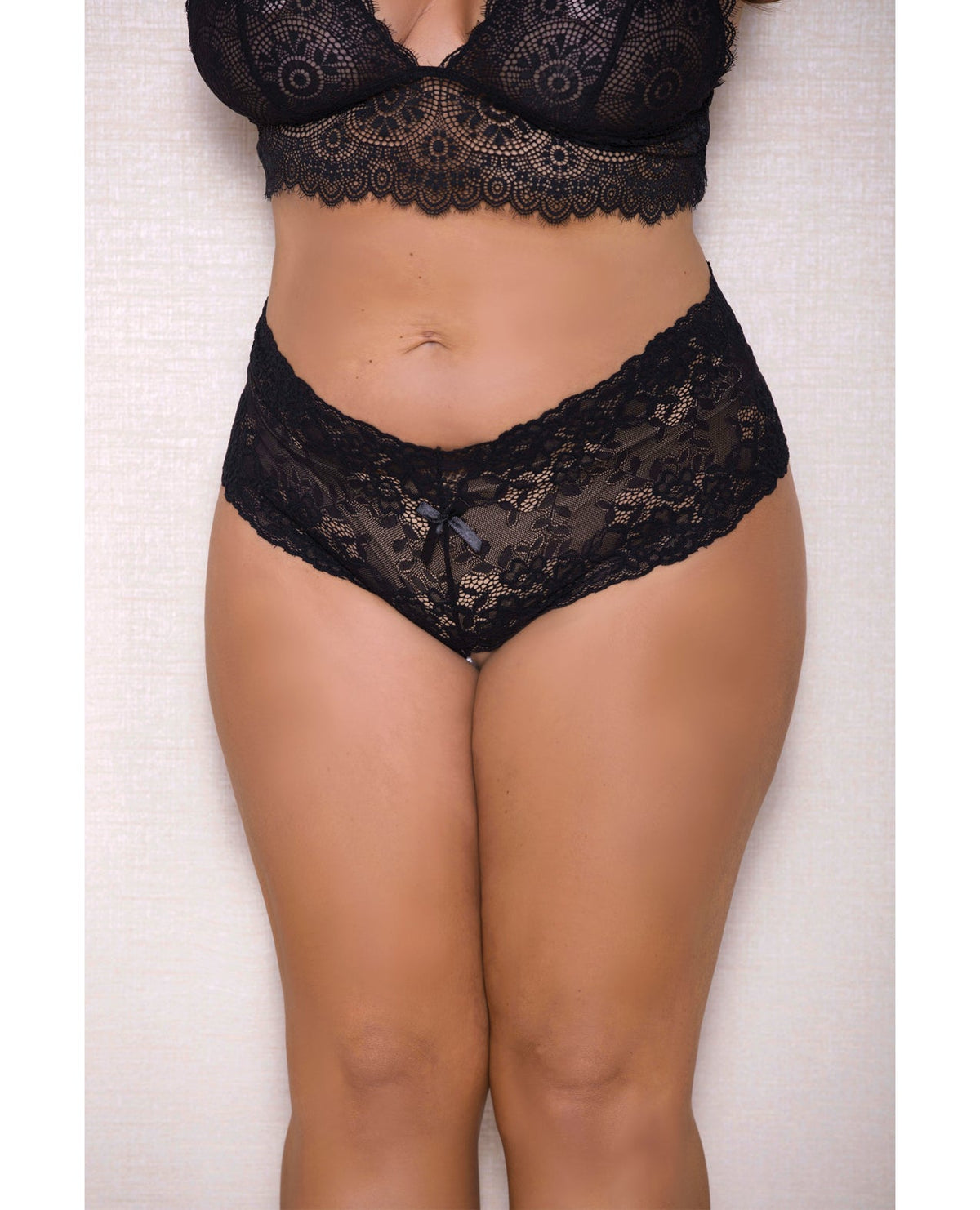 iCollection Lingerie Lace & Pearl Boyshort w/Satin Bow Accents Black 1X/2X
