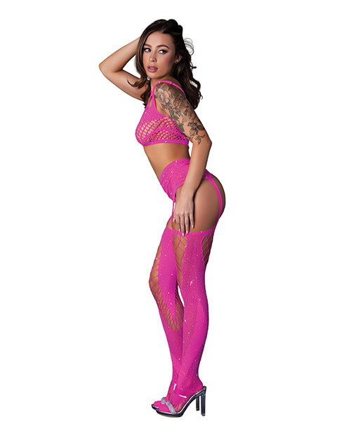 Exposed Seamless Blacklight Reflective Bralette w/G-String & Garter Stocking 3 pc Set - Pink O/S