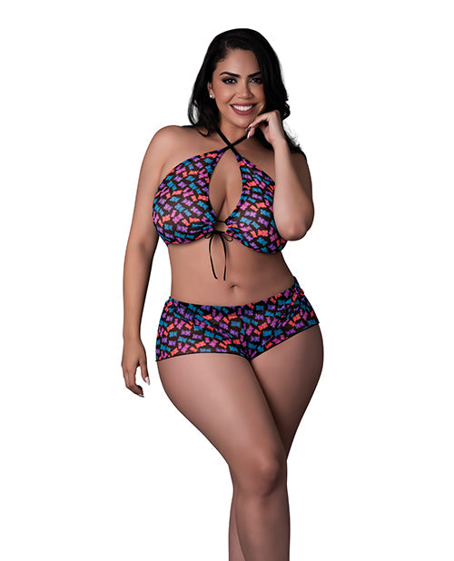 Exposed Hazy Dayz Gummy Bear Blacklight Reflective Halter Top & Short 2 pc Set - Multi QN