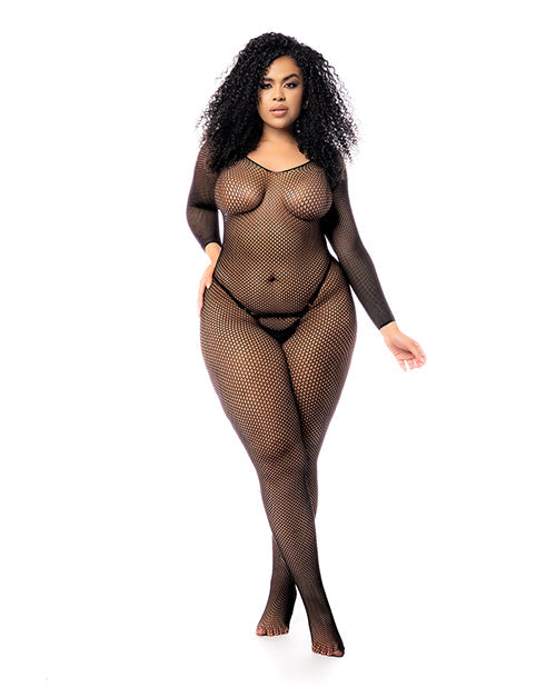 Mapale Long Sleeved All Over Fishnet Body Stocking Black QN