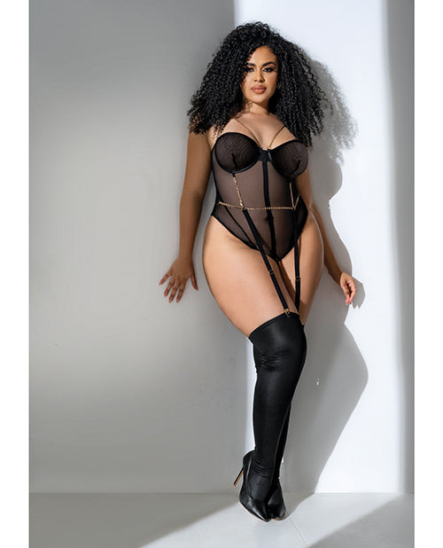 Mapale Mesh Bodysuit w/Gold Chain Detail Black 3X/4X