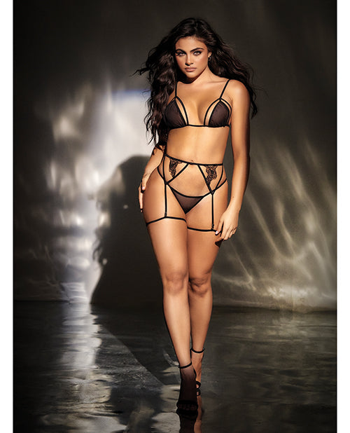 Mapale Mesh Top w/Adjustable Coverage, Garter Belt & Thong Black S/M