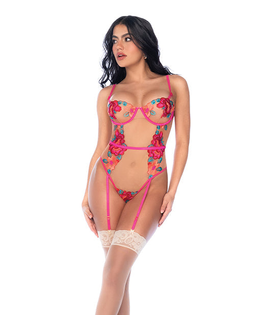 Mapale Seductive Garden Floral Mesh Teddy w/Attached Garters - Multi-Color S/M