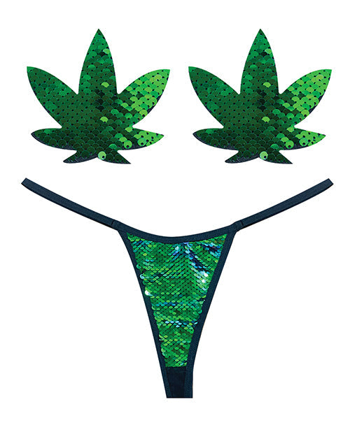 Neva Nude Neva Nude Naughty Knix Weed Leaf Sequin G-String & Pasties - Green O/S