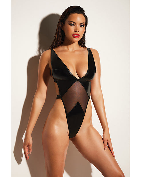 Fetish by Oh la la Cheri FETISH Limitless Soft Cup High Leg Vinyl & Mesh Teddy Black 1X/2X