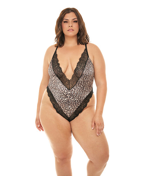 RSVP by Oh la la Cheri Jolene Satin Teddy w/Plunging Neckline Leopard/Black 3X/4X