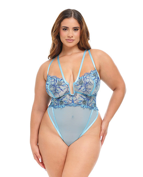Oh La La Cheri Emilia Floral Embroidered Teddy - Blue 1X
