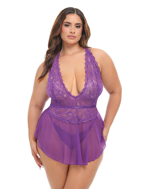 Oh La La Cheri Harmony V-Plunge Lace & Mesh Babydoll w/G-String - Purple 1X/2X