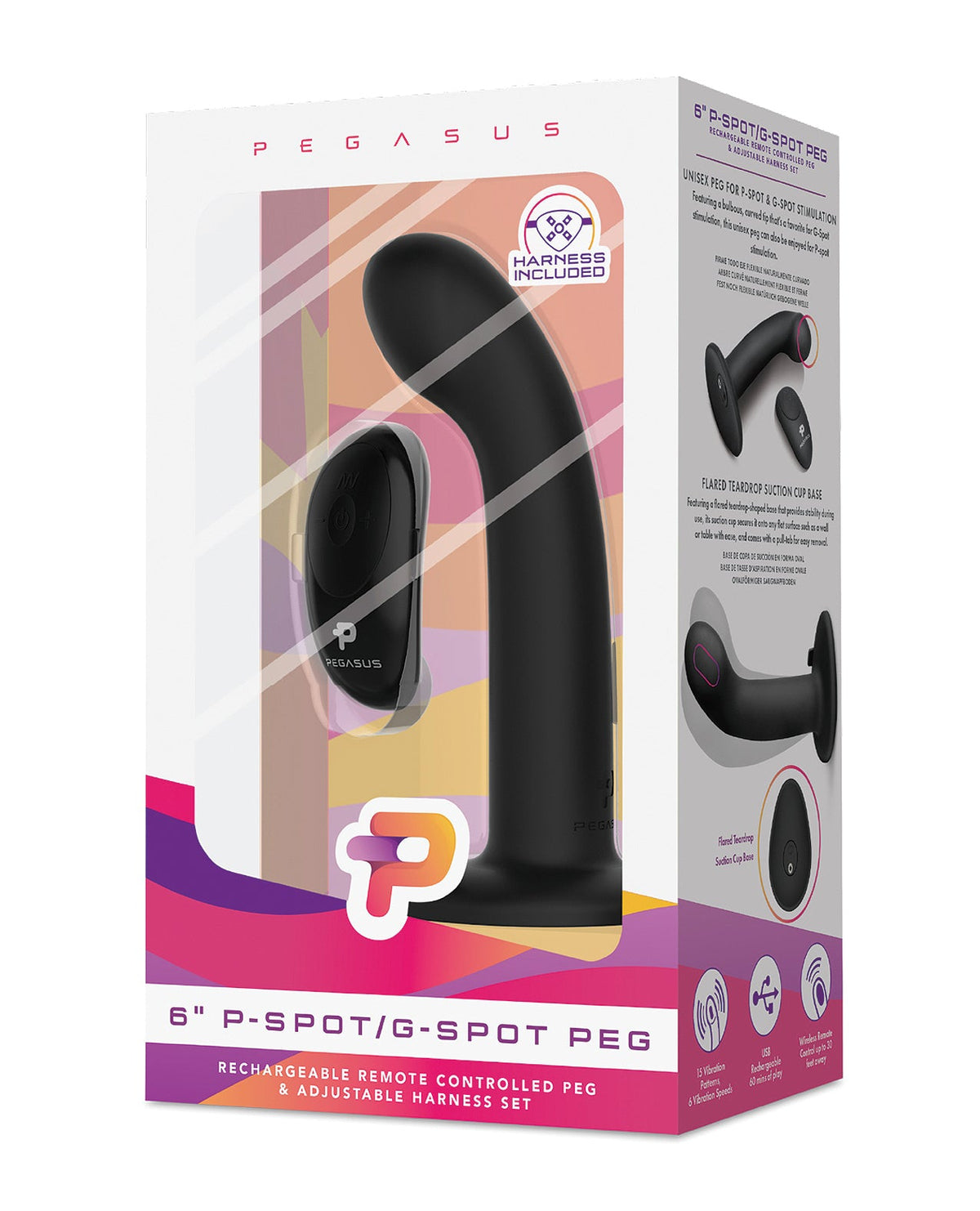 Pegasus Pegasus 6" Rechargeable P-Spot G-Spot Peg w/Adjustable Harness & Remote Set - Black
