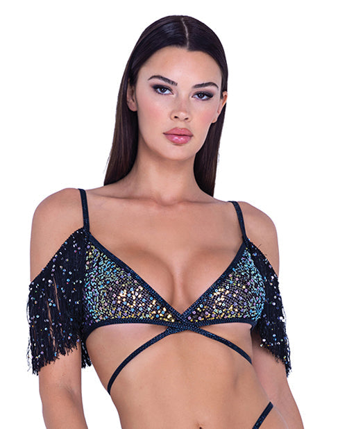 Roma Confidential Sequin Fishnet Fringe Top - Black/Multi LG